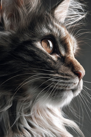 Portrait of a long-haired cat on a black background.の素材