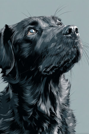 illustration of a black dog with blue eyes in profile on a gray backgroundの素材