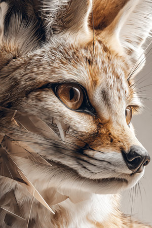 Close-up portrait of a red fox with a wreath of feathersの素材