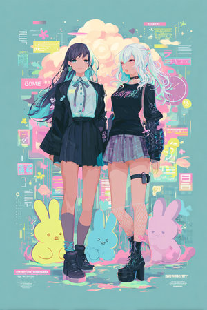 Beautiful girls with long hair in fashion clothes. Vector illustration.の素材