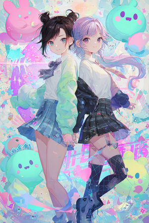 Cute anime girls on colorful background. Digital painting. Vector illustration.の素材