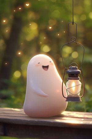 ghost with lantern in the park, halloween concept, copy spaceの素材