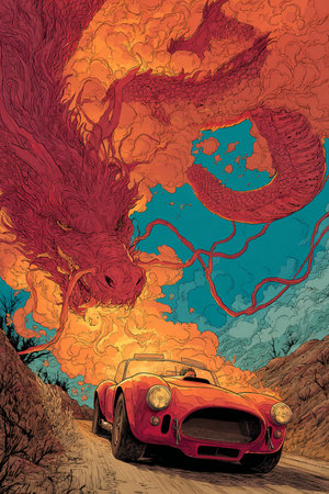 Retro car on the road in the forest, vector illustration.の素材