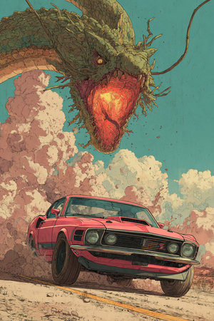 Vintage car with flying monster on the road. 3d illustrationの素材
