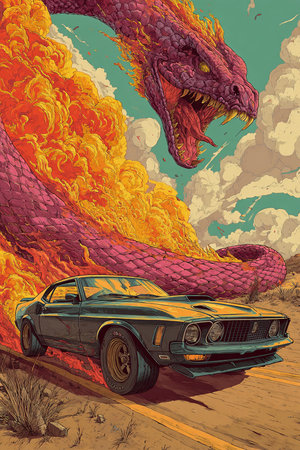 Retro car with fire and smoke on the road. Vector illustration.の素材