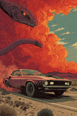 vintage car on the road in the desert, vector illustration.の素材