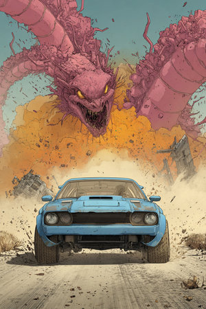 Vintage car in the desert. 3D illustrations. Vintage styles.の素材