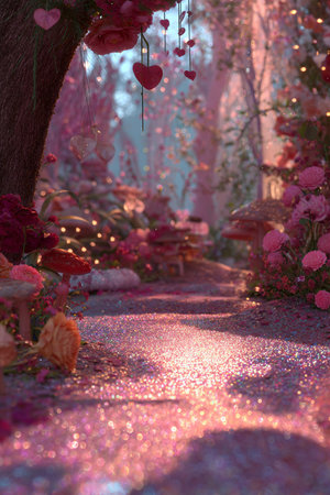 Valentine's day background with pink roses and hearts on the groundの素材