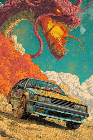 Vintage car and dragon in the desert. Hand drawn illustration.の素材
