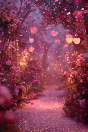 Pink rose garden with lanterns in the early morning. Beautiful romantic backgroundの素材