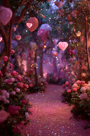 Valentine's day background with heart shape lanterns in the gardenの素材