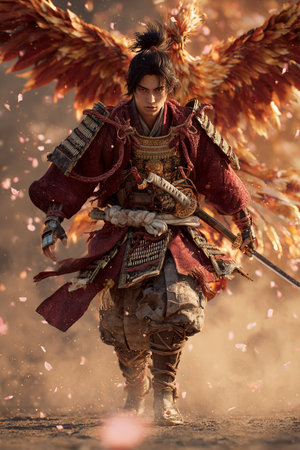 Portrait of a young man in the image of a medieval warrior.の素材