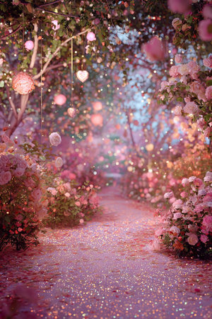 Beautiful rose garden in the morning with pink light and bokehの素材