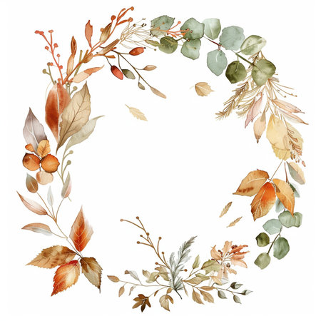 Watercolor autumn wreath with leaves, branches and berries. Hand painted illustration.の素材