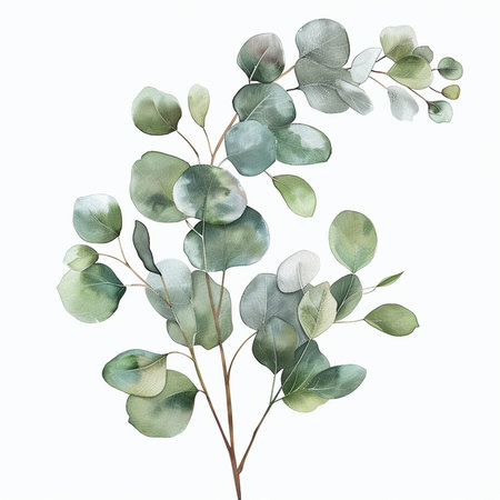 Watercolor eucalyptus branch with green leaves. Hand painted isolated on white background.の素材