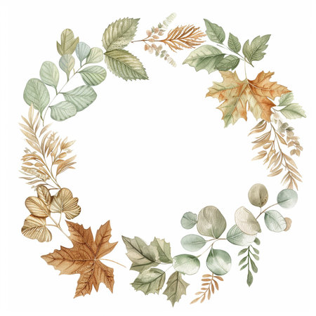 Watercolor autumn wreath with leaves and branches. Hand painted illustration.の素材