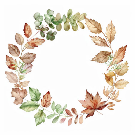Beautiful vector watercolor autumn wreath with leaves on white backgroundの素材