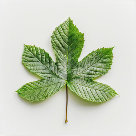 Green chestnut leaf isolated on white background. Flat lay, top view.の素材