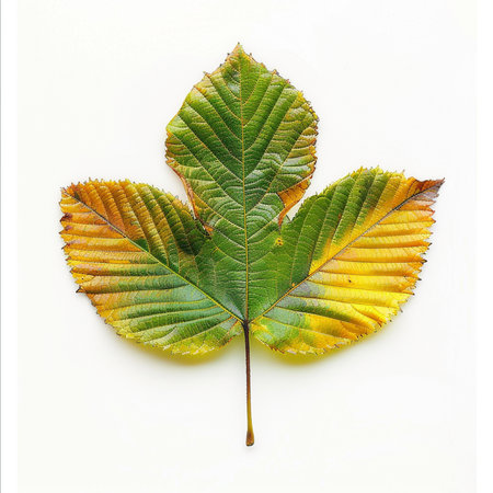 Autumnal leaf on white background. Flat lay, top view.の素材