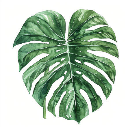 Watercolor monstera leaf isolated on white background. Hand drawn illustrationの素材