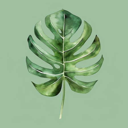 Watercolor monstera leaf isolated on green background. Hand painted illustrationの素材