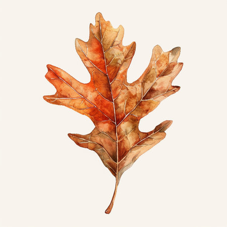 Watercolor autumn oak leaf isolated on white background. Hand painted illustrationの素材