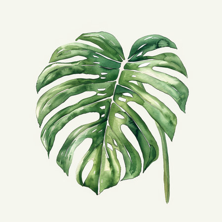 Watercolor monstera leaf isolated on white background. Hand drawn illustrationの素材