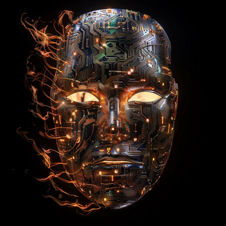 Artificial intelligence robot head with circuit board and glowing lights. 3D renderingの素材