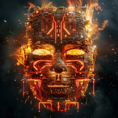 Futuristic robot face with circuit board and sparks. 3d renderingの素材
