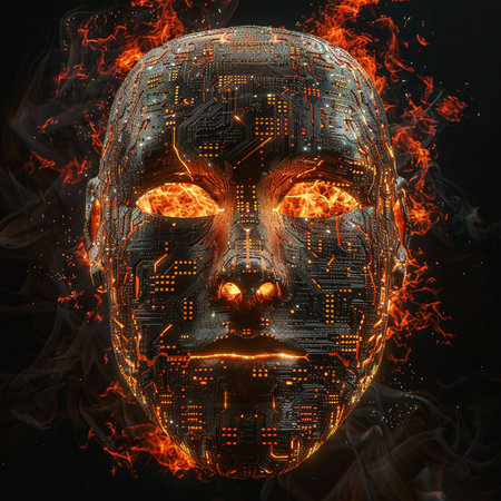 Futuristic robot head on fire background. 3D illustrations.の素材
