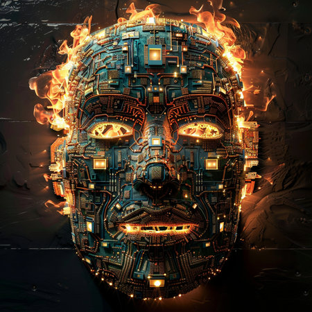 Futuristic cyborg face with circuit board. 3D renderingの素材