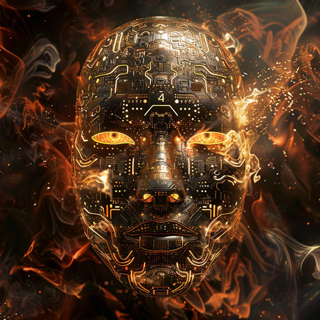 3d rendering of a futuristic robot face with fire and smoke backgroundの素材