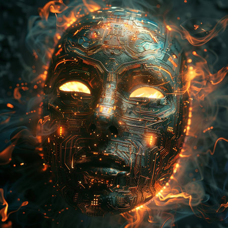 Futuristic robot face in fire flames. 3d illustration.の素材