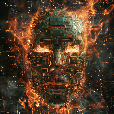 Futuristic cyborg head in fire. 3D illustrations.の素材