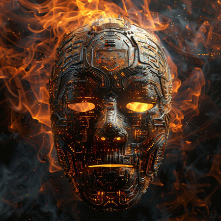 Cyborg head in fire. 3D illustrations. 3D rendering.の素材