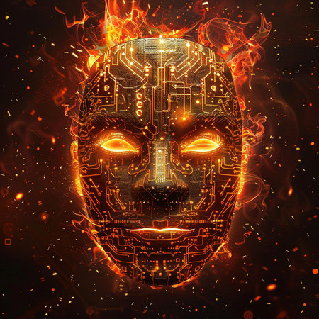 Futuristic robot face with electronic circuit board. 3D renderingの素材