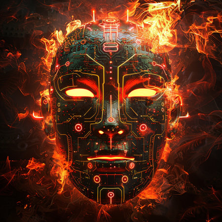 Futuristic robot face on fire background, 3D illustration.の素材