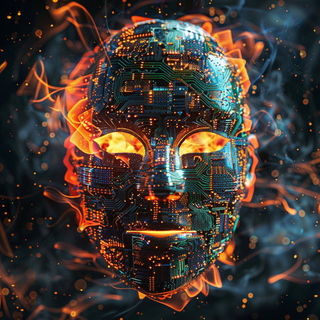 Cyborg head with circuit board on fire background. 3d illustrationの素材