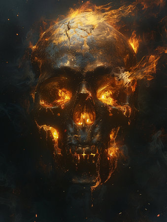Skull in fire. Halloween background. 3D rendering. Copy space.の素材