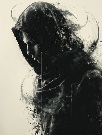 Digital painting of a woman in a hood with a grunge effectの素材