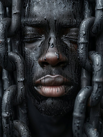 Closeup of a black woman's face in a metal chain.の素材