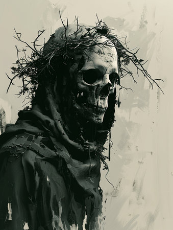Scary zombie woman in black dress with crown of thorns. Digital painting.の素材