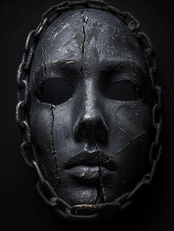 Metal mask with chain on the black background. 3d render.の素材