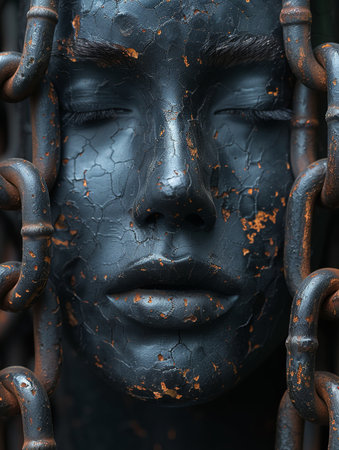 Close-up of woman face with metal chain. Conceptual imageの素材