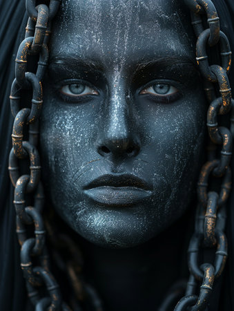 Close up portrait of a woman with chains on her face. Studio shot.の素材