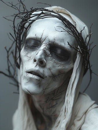 Portrait of a beautiful girl with white makeup and a wreath on her headの素材