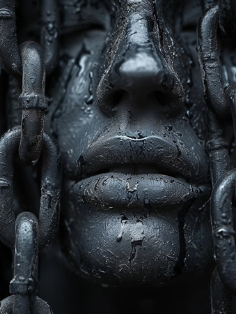 Close-up of a woman's face made of metal with closed eyesの素材