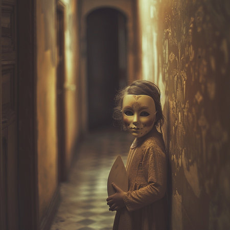 Creepy little girl with mask in an abandoned building. Halloween concept.の素材