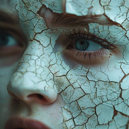 Close up portrait of a beautiful young woman with cracked skin. Beauty, fashion.の素材