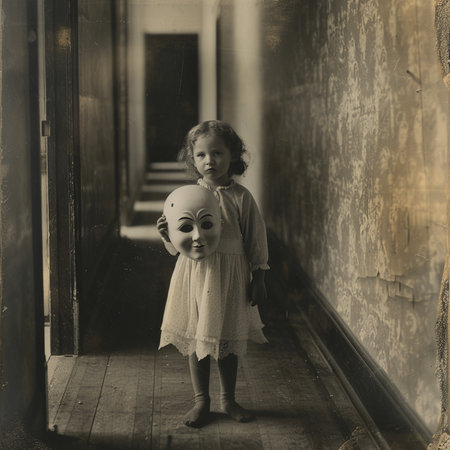 Little girl with mask in the old room. Black and white photo.の素材
